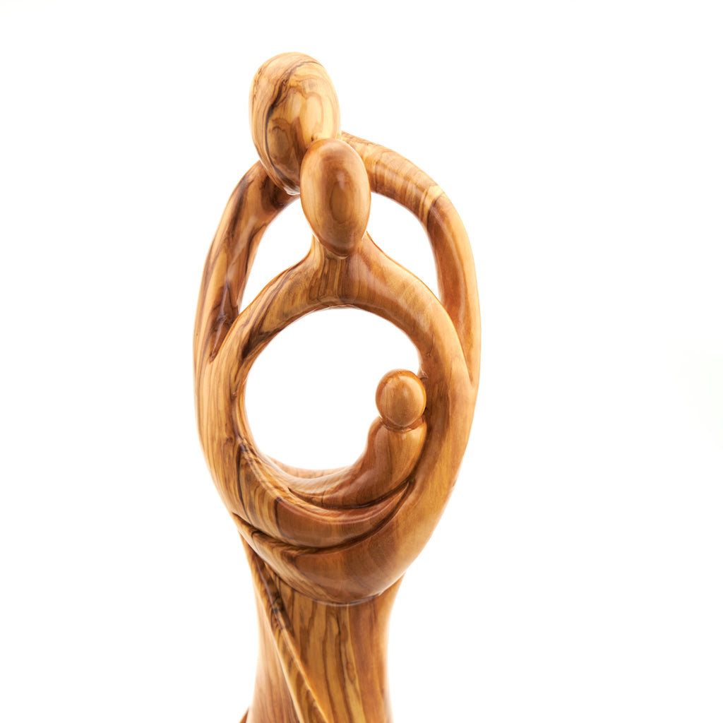 Holy Family olive wood statue hand carved in Bethlehem, 19.3 inch three quarter view of the religious piece