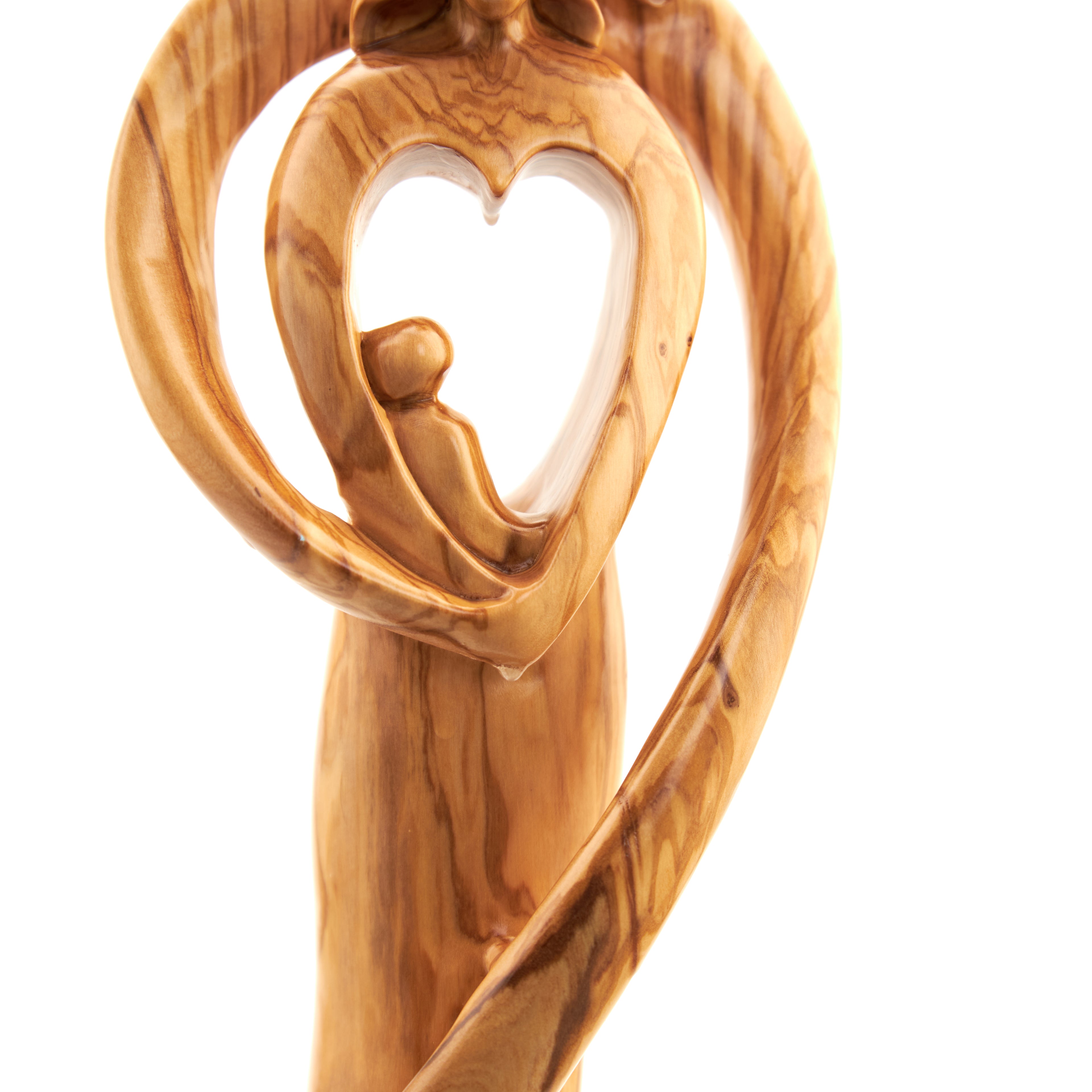 Holy Family olive wood statue hand carved in Bethlehem, 17.7 inch close detail of the hand carved work
