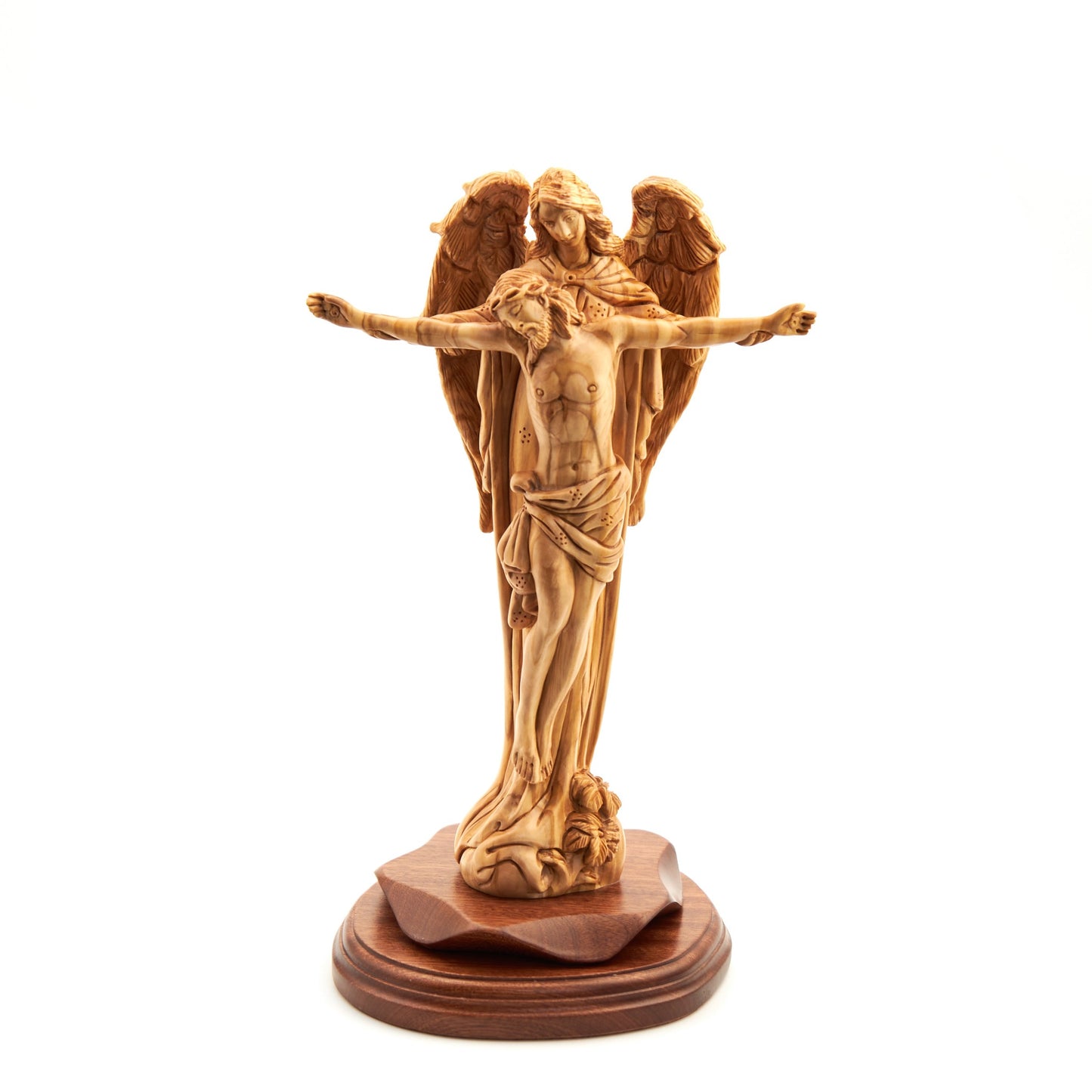 Jesus Christ "Crucified with Angel" Wooden Sculpture 11.4"