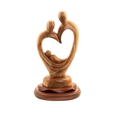 Holy Family Heart shaped Statue, 12.6" Abstract Hand Carved Olive Wood