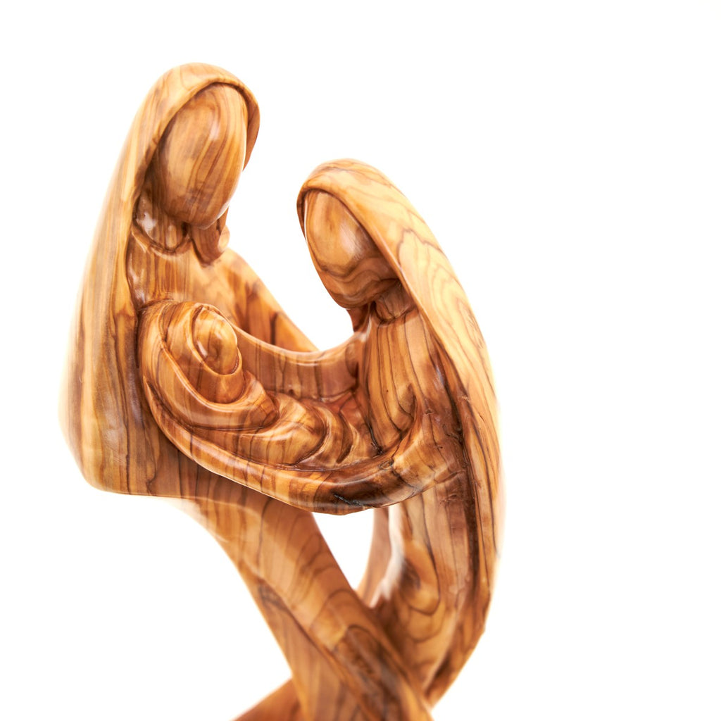 Holy Family olive wood statue hand carved in Bethlehem, 13 inch three quarter view of the religious piece