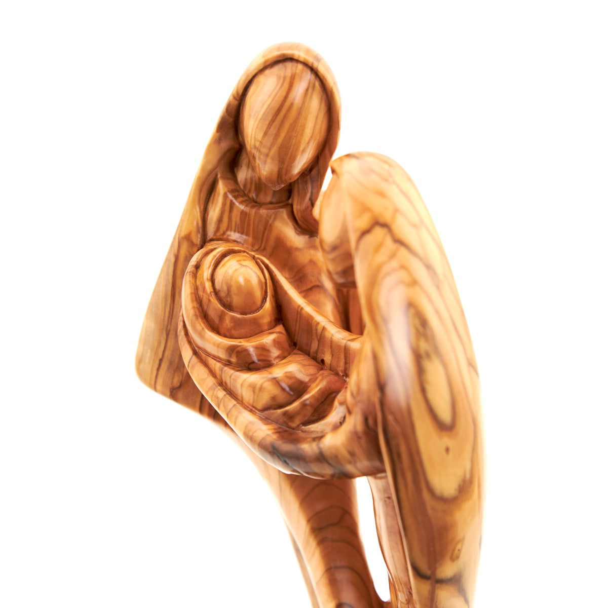 Holy Family olive wood statue hand carved in Bethlehem, 13 inch close detail of the hand carved work