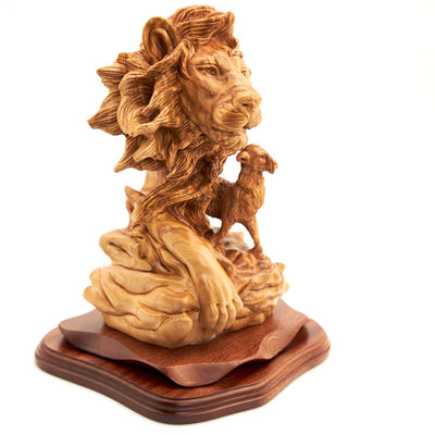 Unique "Lion with Lamb" Sculpture, Olive Wood 12.6"