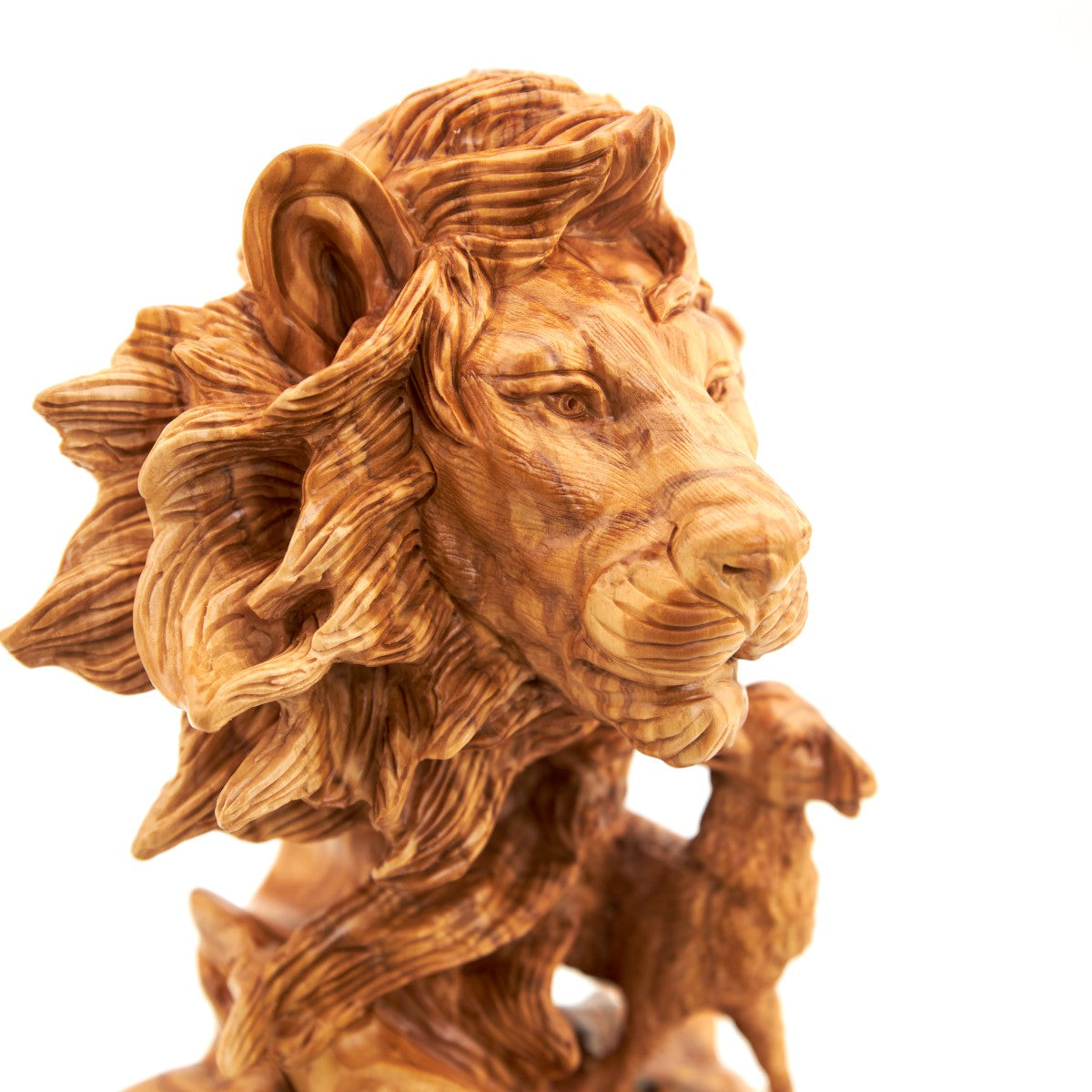 Unique "Lion with Lamb" Sculpture, Olive Wood 12.6"