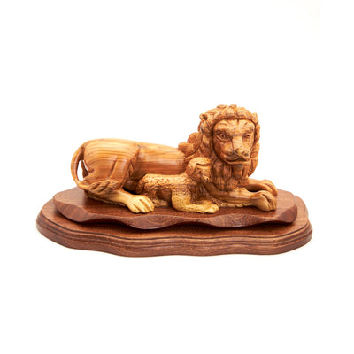 Lion with Lamb Sculpture Carved in Olive Wood, 14.2"