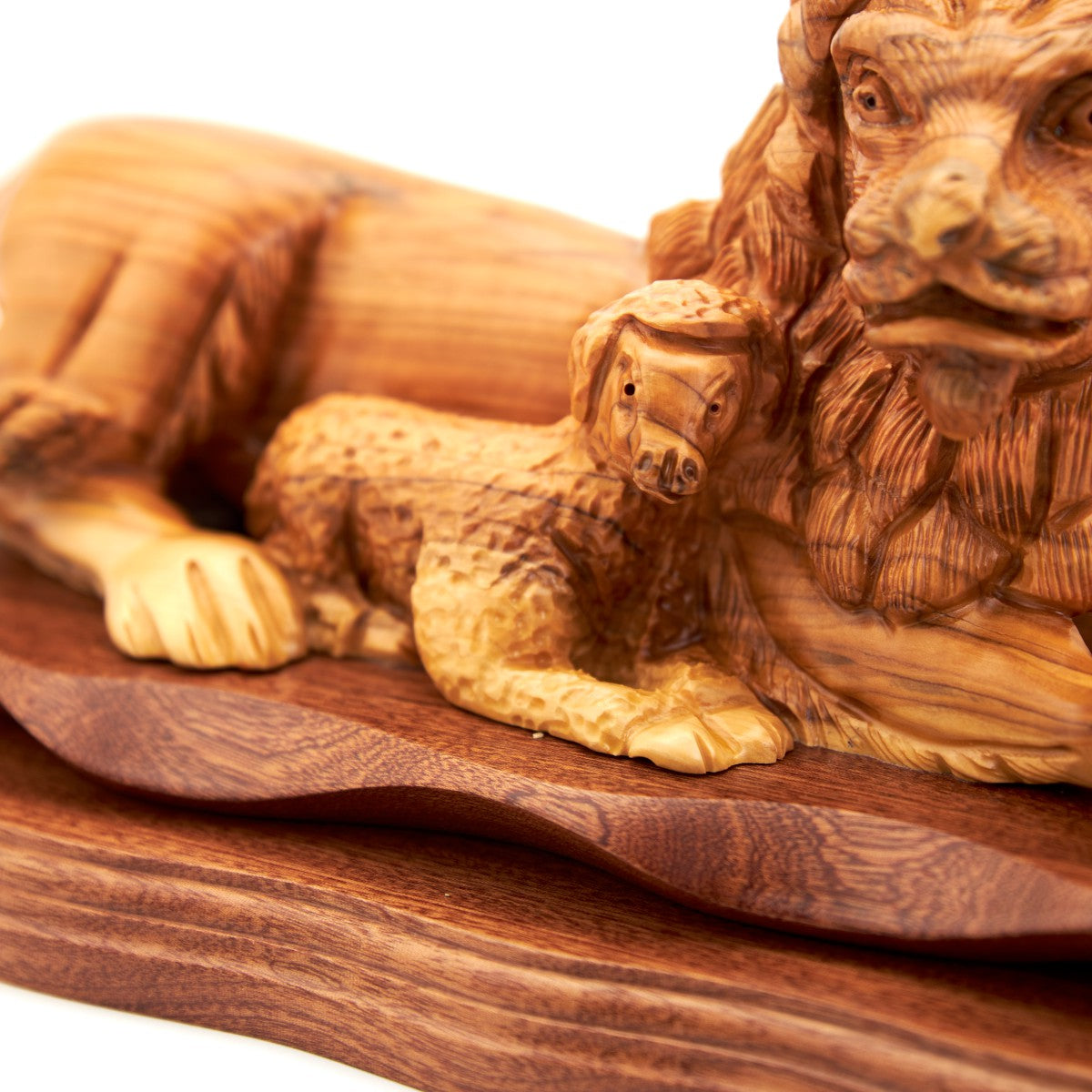 Lion with Lamb Sculpture Carved in Olive Wood, 14.2"