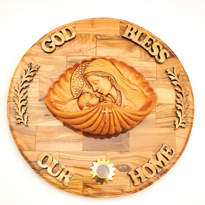 Virgin Mary with "Child Jesus Christ" Wall Plaque, Olive Wood 10.2"