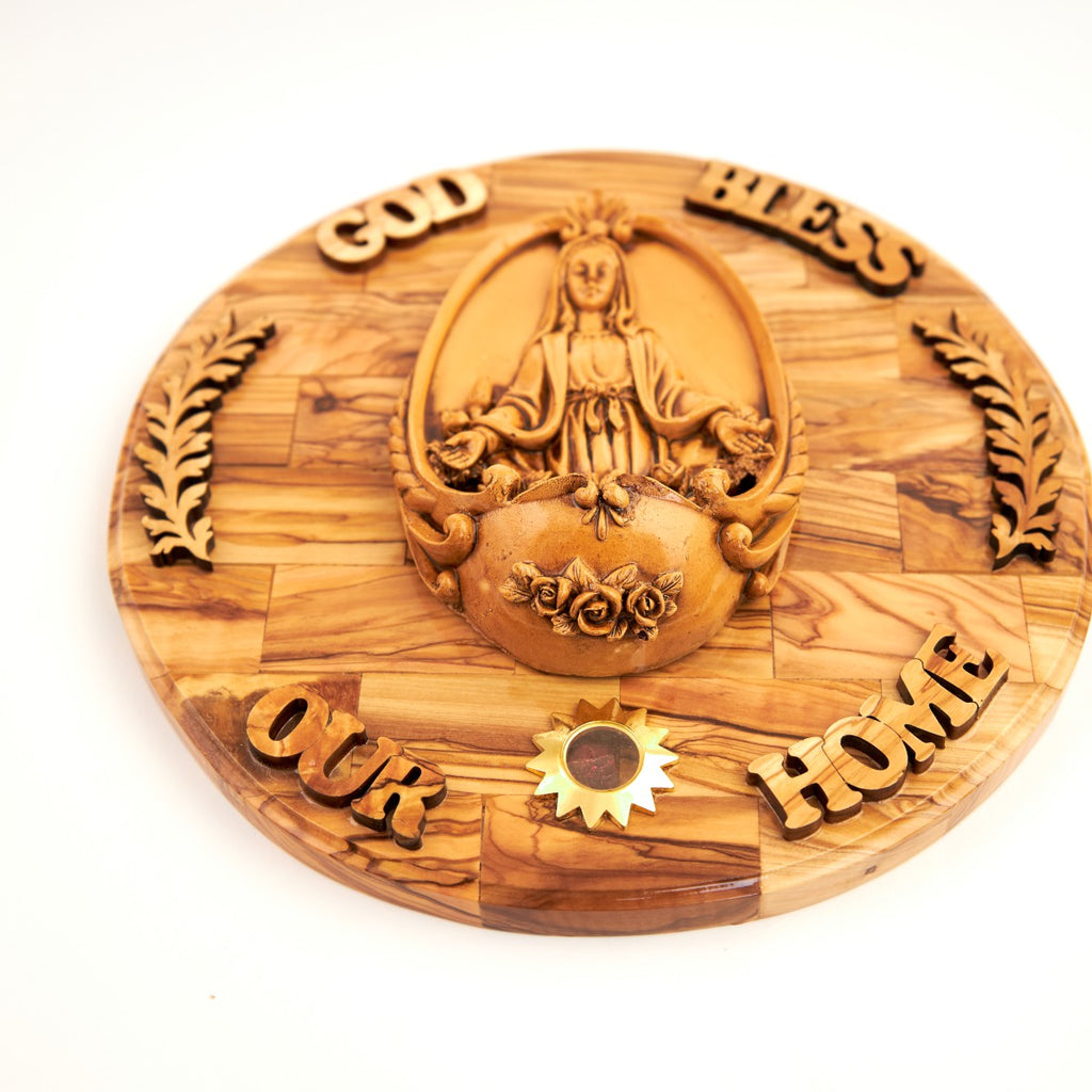 Virgin Mary olive wood statue from Bethlehem hand carved, 10.2 inch three quarter view of the religious piece