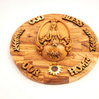 Virgin Mary olive wood statue from Bethlehem hand carved, 10.2 inch three quarter view of the religious piece