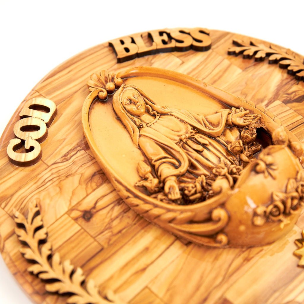 Virgin Mary olive wood statue from Bethlehem hand carved, 10.2 inch close detail of the hand carved work