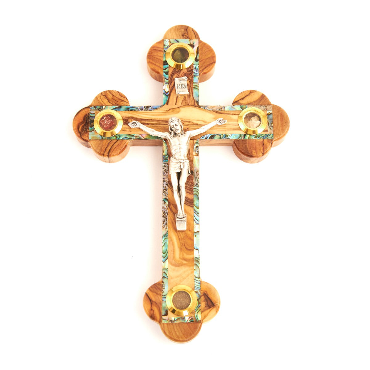 8.7" Crucifix, Wooden Cross with Mother of Pearl, 4 Souvenirs and 14 Stations of Cross on Back