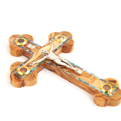 8.7" Crucifix, Wooden Cross with Mother of Pearl, 4 Souvenirs and 14 Stations of Cross on Back