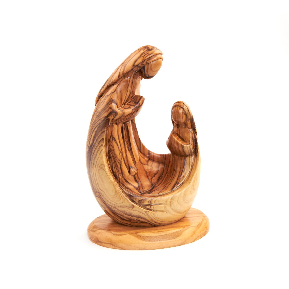 Our Lady of Lourdes olive wood statue from Bethlehem hand carved, 7.9 inch side angle of the olive wood sculpture