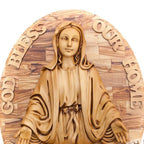 Virgin Mary olive wood statue from Bethlehem hand carved, 17.3 inch side angle of the olive wood sculpture