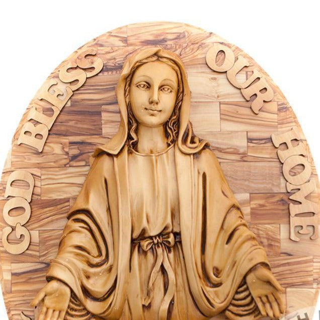 Virgin Mary olive wood statue from Bethlehem hand carved, 17.3 inch side angle of the olive wood sculpture