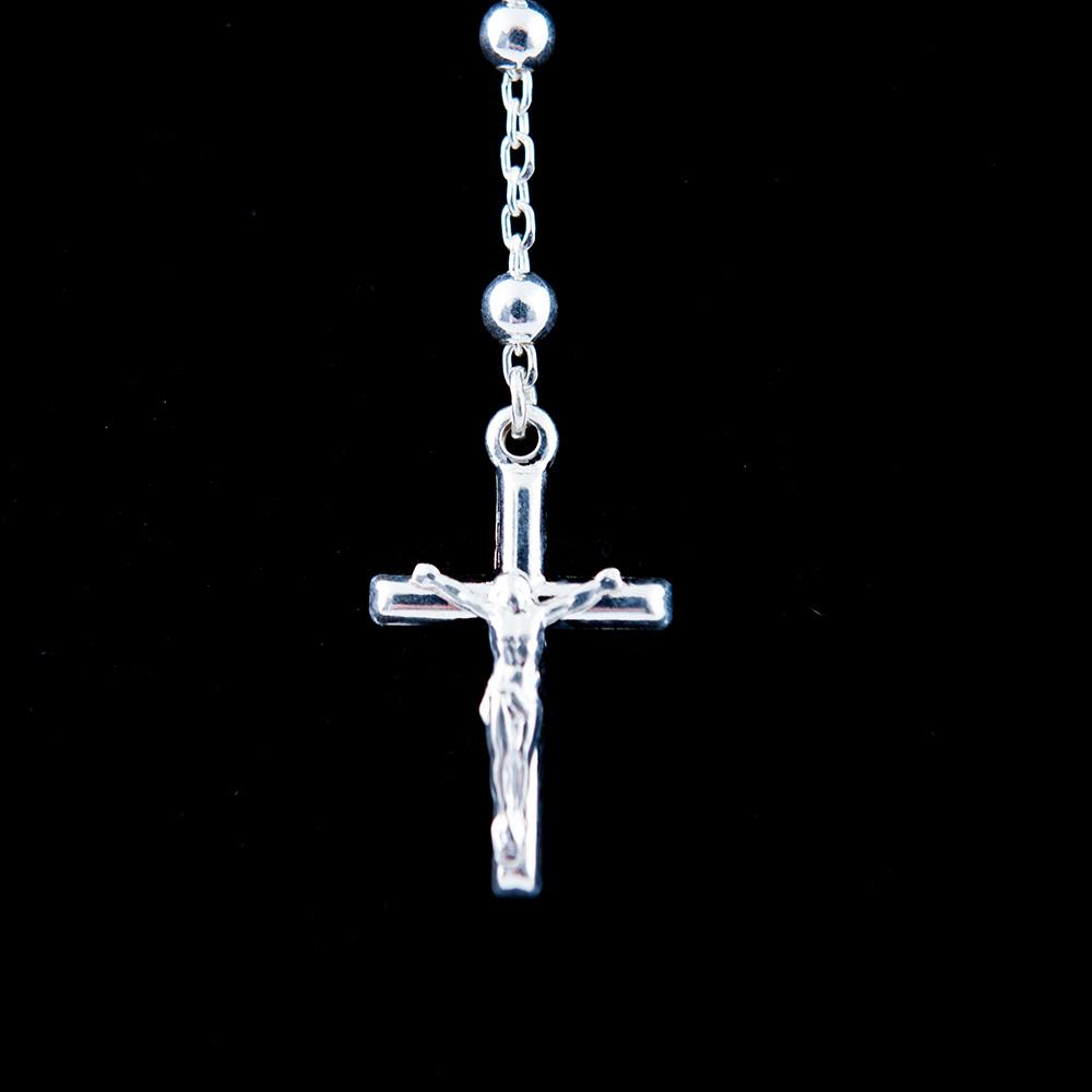 Olive wood rosary hand made in Bethlehem Holy Land, side angle of the sterling silver sculpture