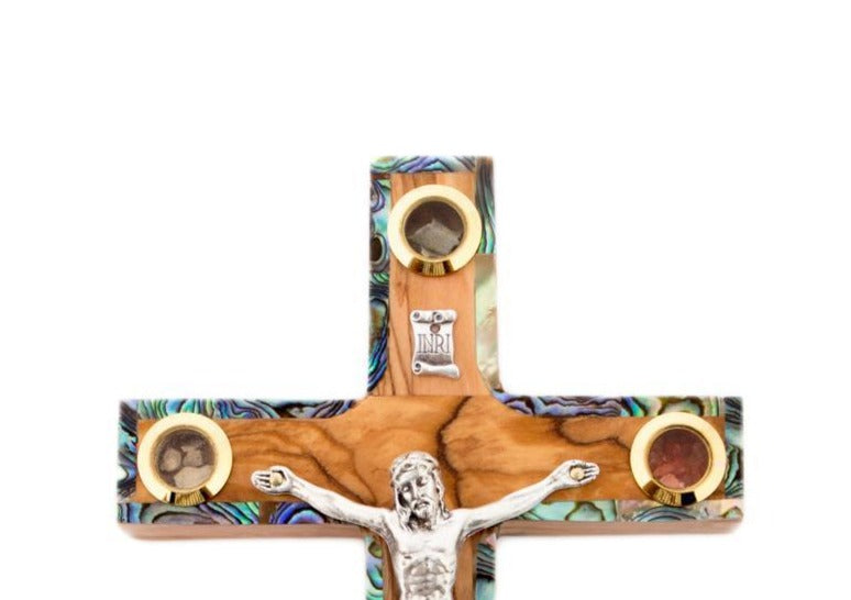 Olive wood crucifix hand carved in Bethlehem, 6.3 inch three quarter view of the religious piece