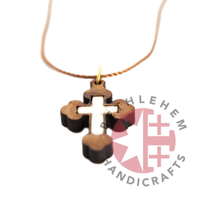 Olive Wood and White Mother of Pearl Budded Cross Necklace
