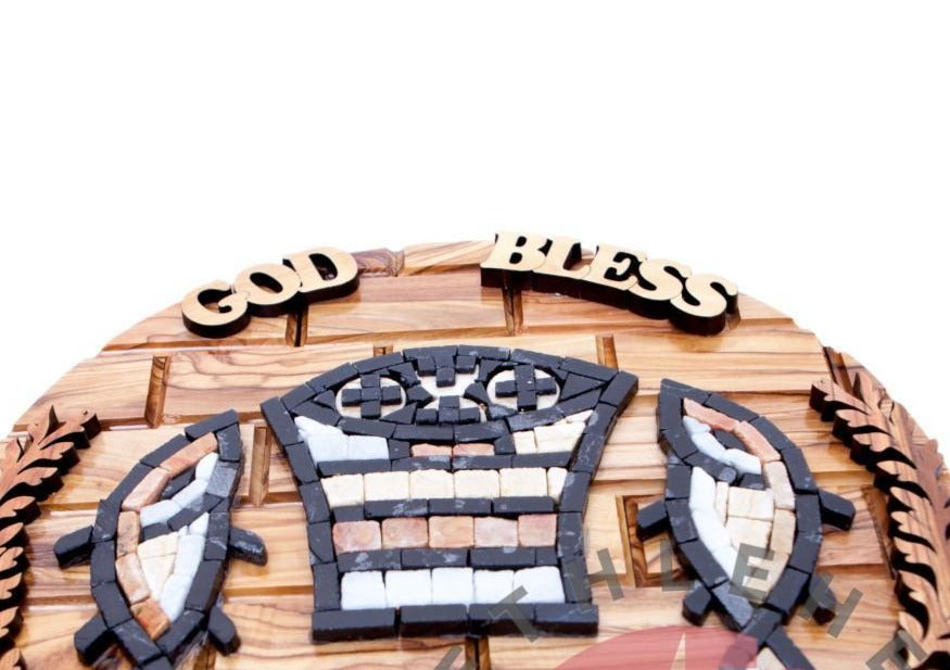 religious mosaic wall art hand made in Bethlehem, 10.2 inch side angle of the olive wood sculpture