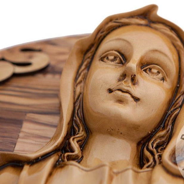 Virgin Mary olive wood statue from Bethlehem hand carved, 17.3 inch three quarter view of the religious piece