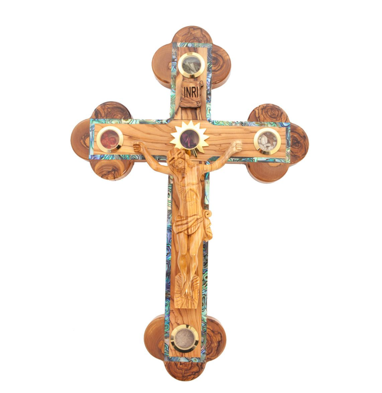 Abalone Olive Wood Wall Crucifix with Hand-Carved Corpse and 5 Holy Land Essences