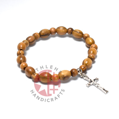 Oval Olive Wood 9*6 mm Beads Bracelet with Crucifix Pendant