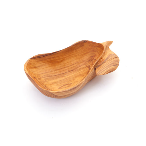 Olive wood tableware hand made in Bethlehem, side angle of the olive wood sculpture
