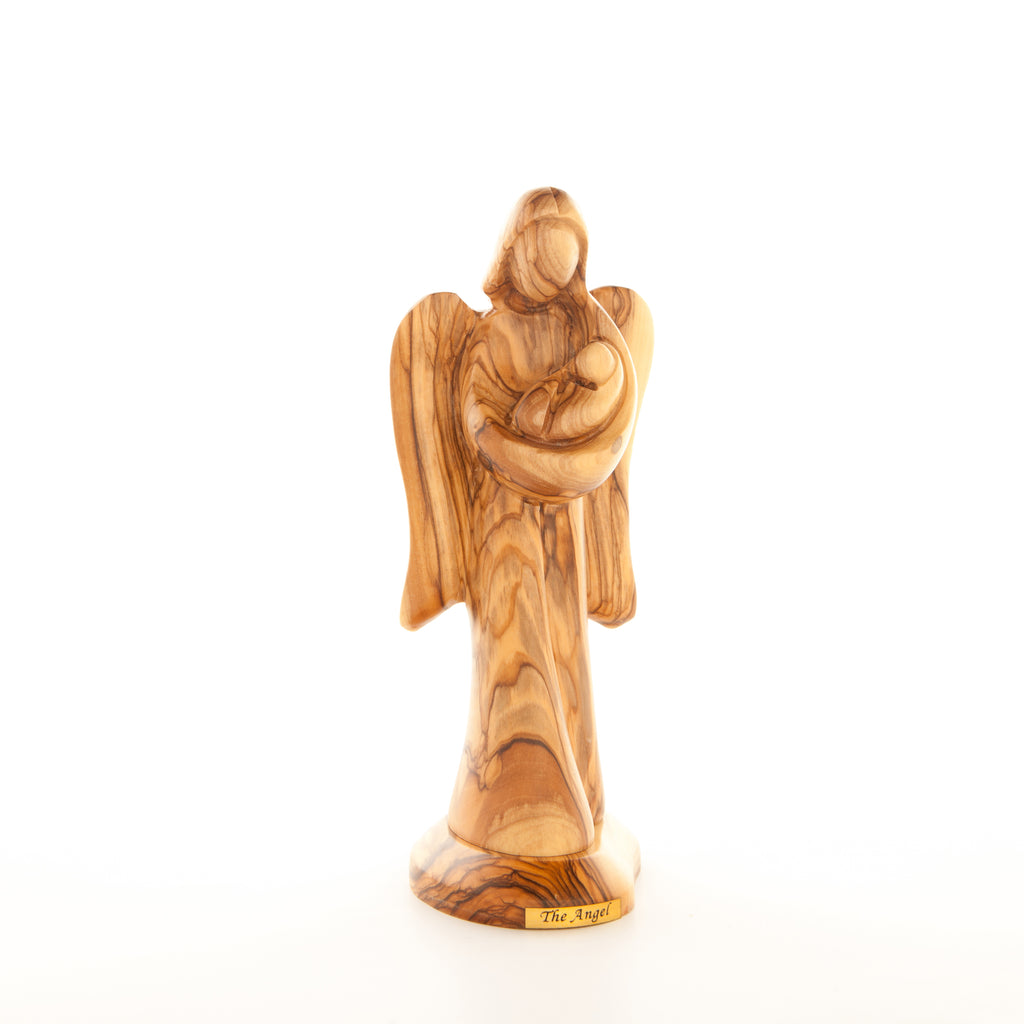 Angel olive wood statue hand carved in Bethlehem, 7.9 inch detail of the carved figure