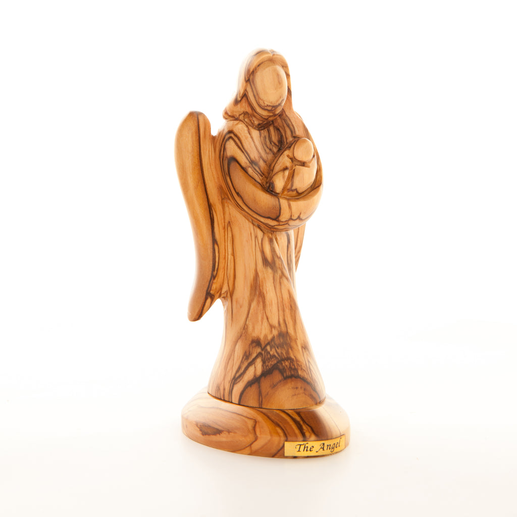 Angel olive wood statue hand carved in Bethlehem, 6.3 inch side angle of the olive wood sculpture