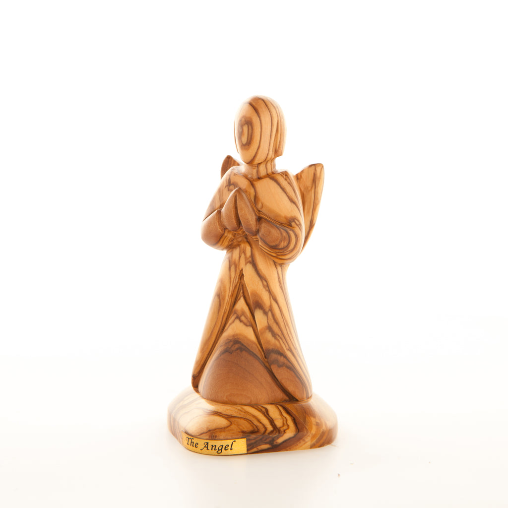 Angel olive wood statue hand carved in Bethlehem, 5.1 inch top angle showing detail of the craftsmanship