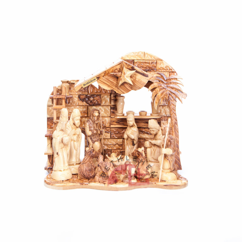 Nativity Scene Set with Music Player, 13.8" Olive Wood from Holy Land