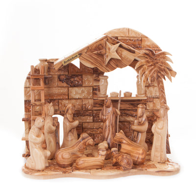 Nativity Scene Set with Music Player, 12.6" Abstract Carved Figures and Manager