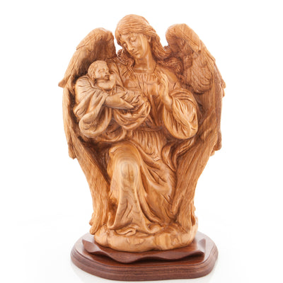 Guardian Angel with Wings, Baby Jesus Christ Masterpiece Olive Wood Carved Art from the Holy Land
