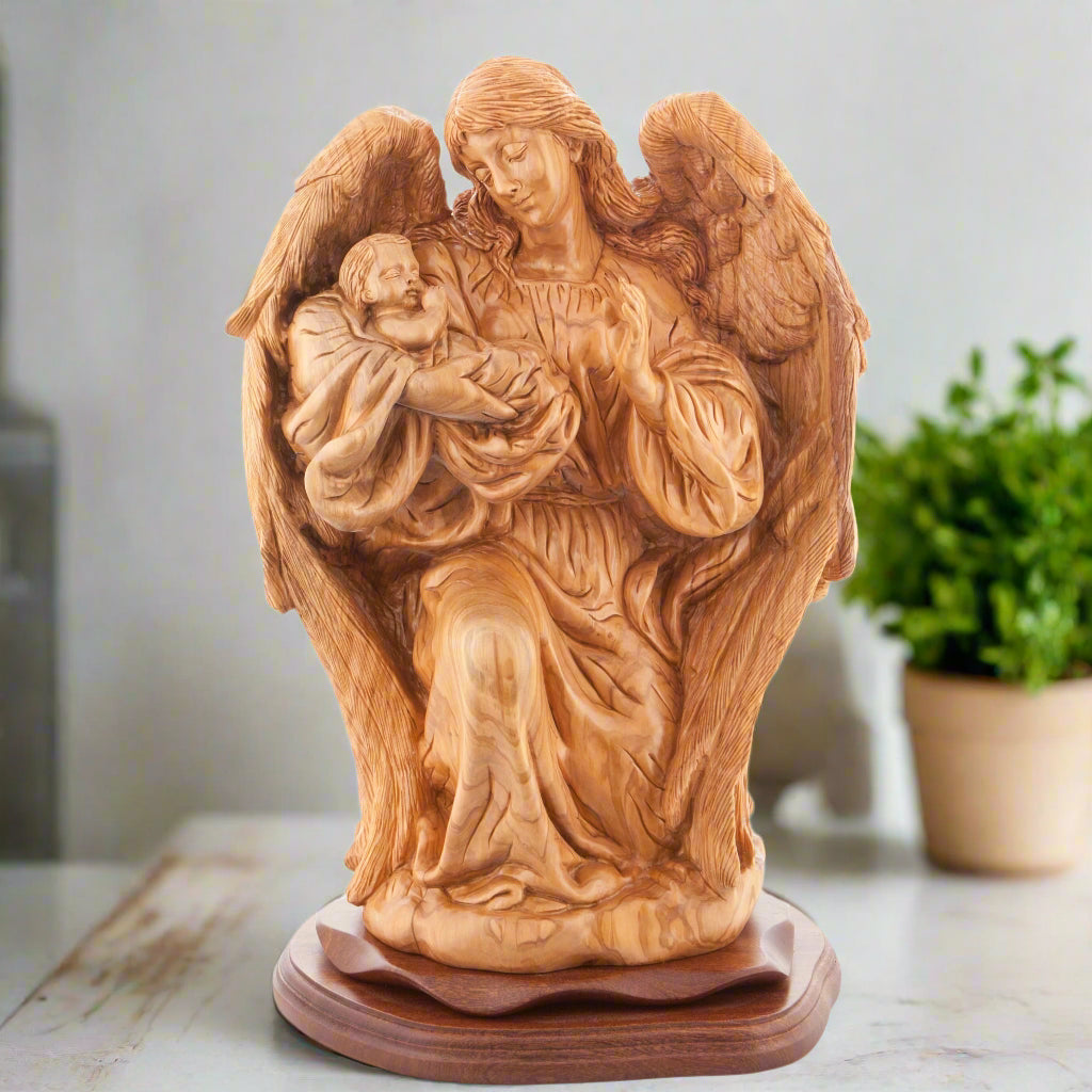 Jesus Christ statue hand carved from Bethlehem olive wood, front view of the olive wood masterpiece