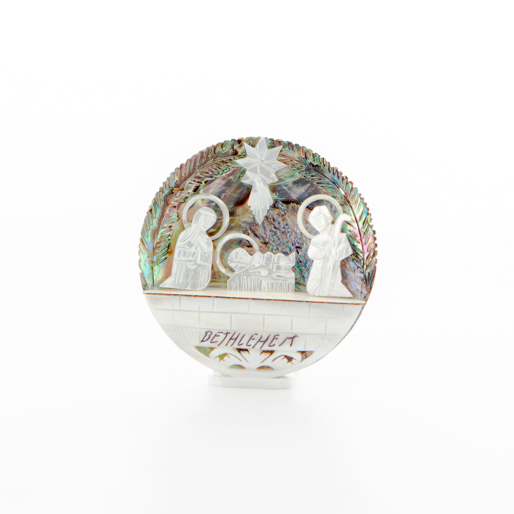 Olive wood nativity scene hand carved in Bethlehem, front view of the mother of pearl masterpiece