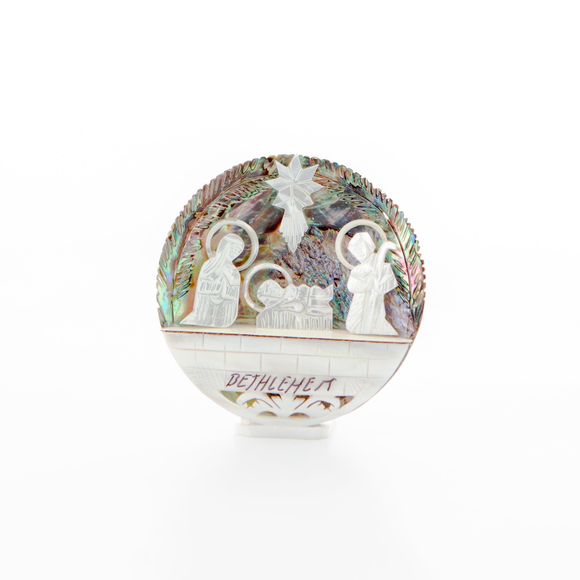 Olive wood nativity scene hand carved in Bethlehem, front view of the mother of pearl masterpiece