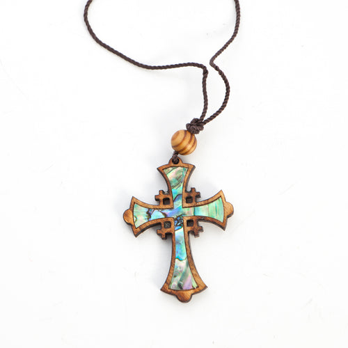 Jerusalem Cross mother of pearl religious gift from Bethlehem, side angle of the olive wood sculpture