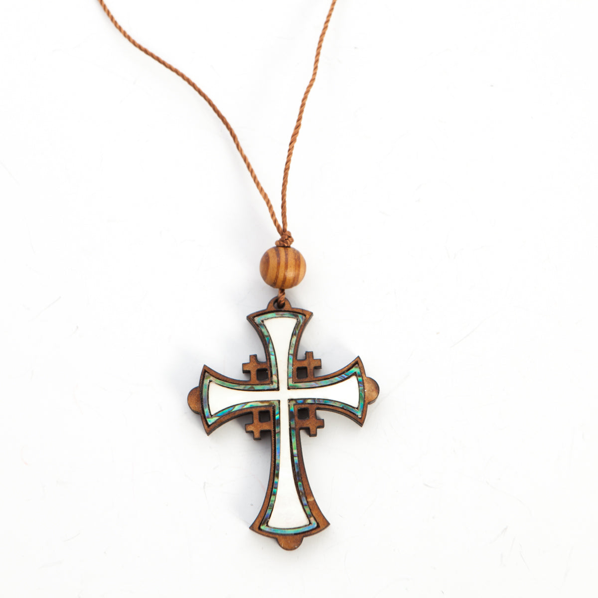 Jerusalem Cross Necklace with a Bead (Olive Wood and Colorful Abalone)
