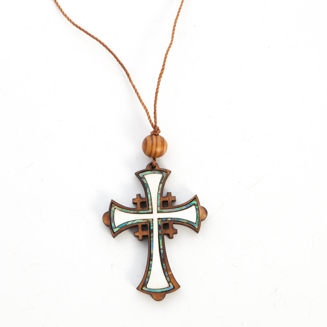 Jerusalem Cross Necklace with a Bead (Olive Wood and Colorful Abalone