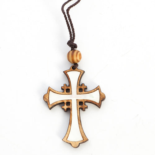 religious mother of pearl religious gift from Bethlehem, side angle of the olive wood sculpture
