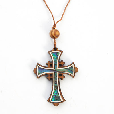 Jerusalem Cross Necklace with a Bead (Olive Wood and Colorful Abalone)