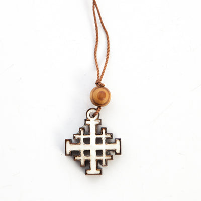 Olive Wood and White Mother of Pearl Jerusalem Cross Necklace with a Bead