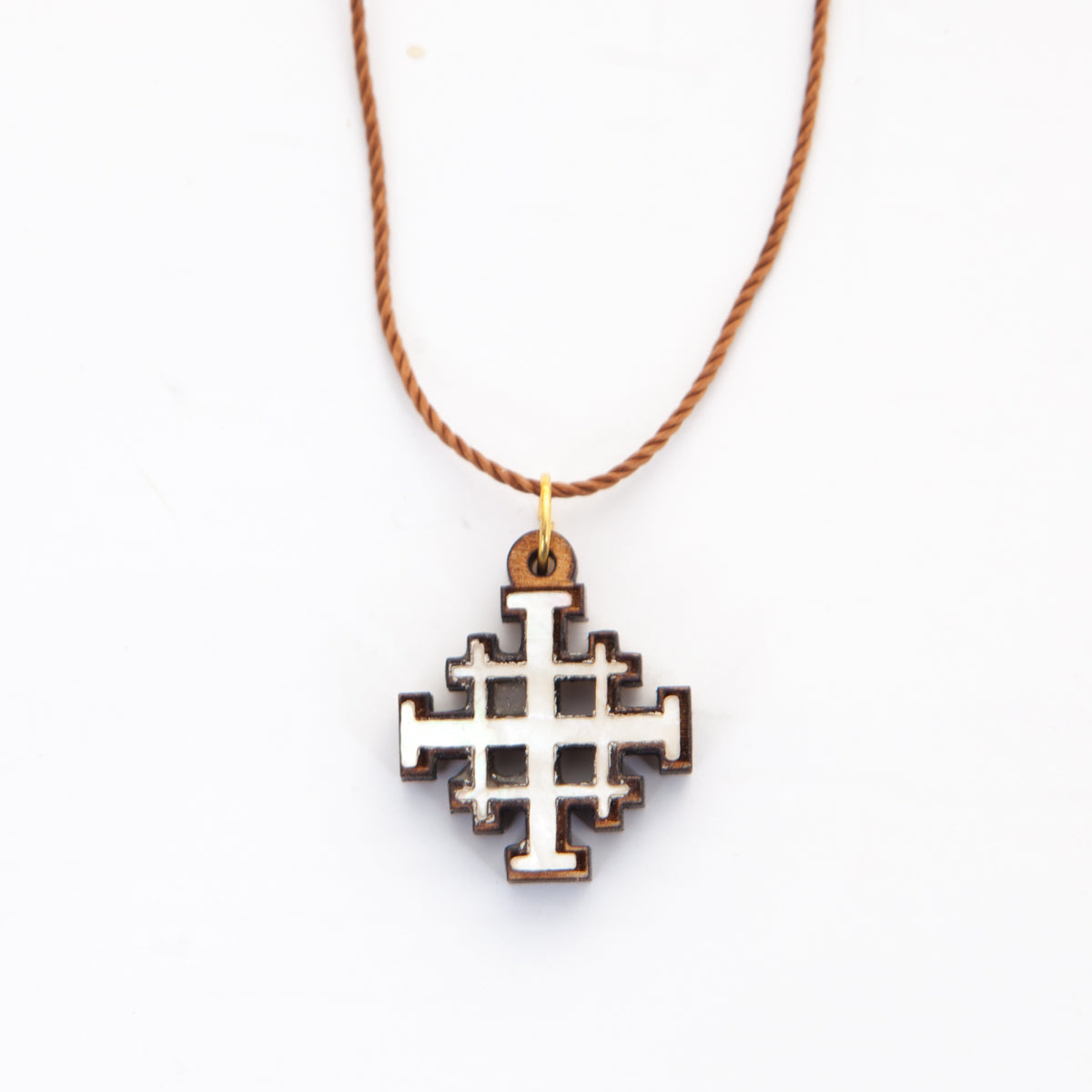 Jerusalem Cross Necklace (Olive Wood and White Mother of Pearl)