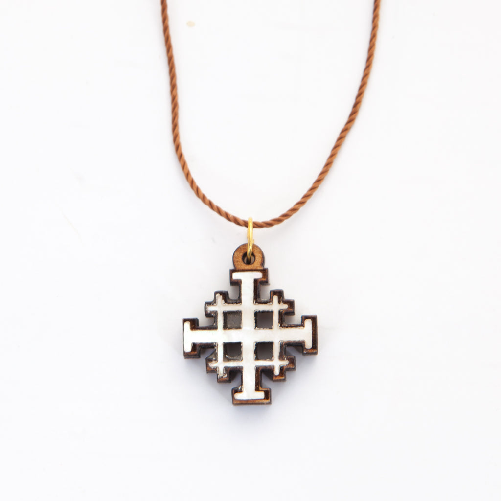 Jerusalem Cross Necklace (Olive Wood and White Mother of Pearl)