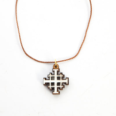 Jerusalem Cross Necklace (Olive Wood and White Abalone)