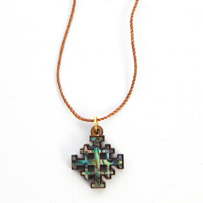 Olive Wood and Colorful Mother of Pearl Jerusalem Cross Necklace