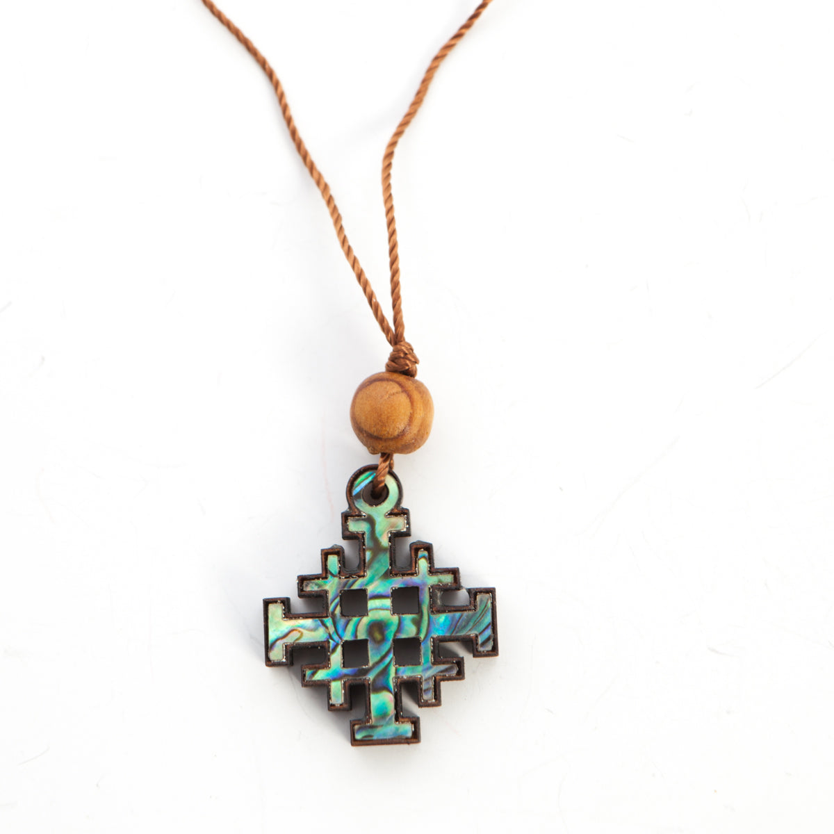 Jerusalem Cross Necklace with a Bead  (Olive Wood and Colorful Mother of Pearl)