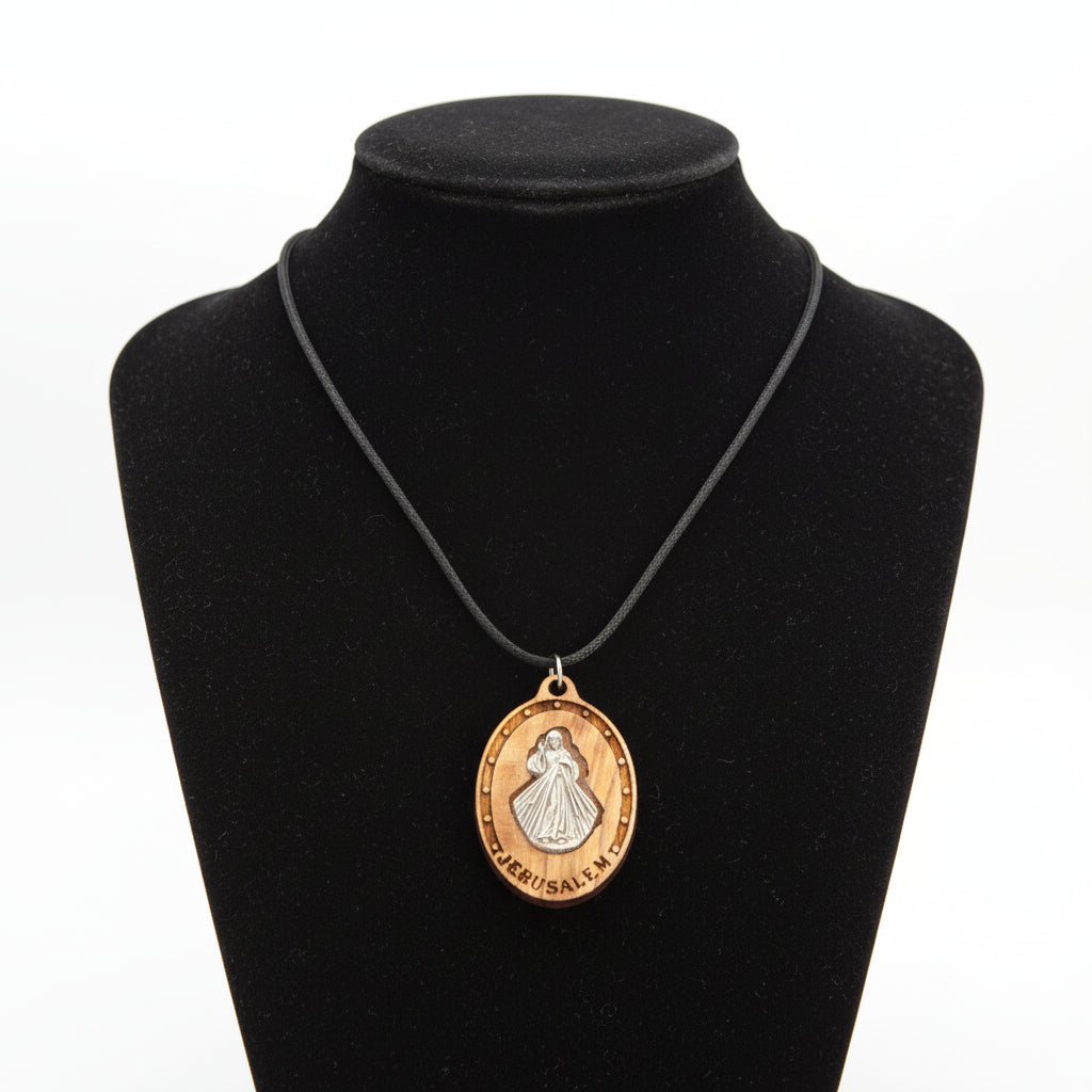 Olive Wood Divine Mercy Pendant