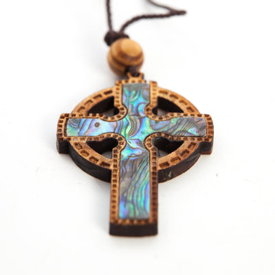 Celtic Cross Necklace with a Bead (Olive Wood and Colorful Mother of Pearl)