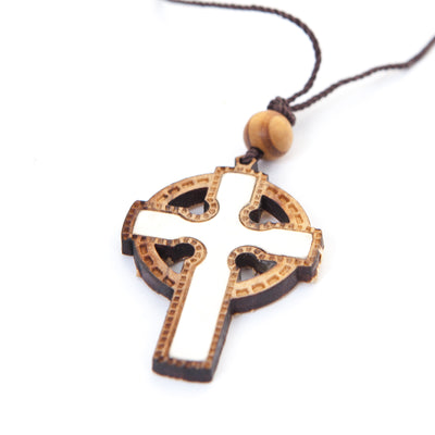Olive Wood and White Mother of Pearl Cross Necklace with a Bead (Celtic Style)